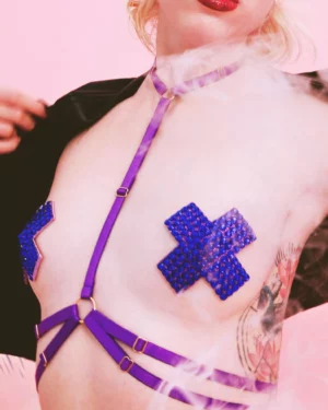 Ensemble harnais et nippies croix violet